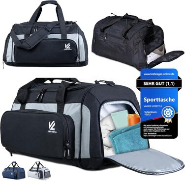 Спортивна сумка VL® з відділенням для взуття, мокрою одежі, ізольованим кульковим відділенням, сауною та туристичною сумкою для жінок та чоловіків. 50 л, чорно-сірий/чорно-срібний