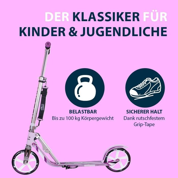 Самокат HUDORA BigWheel 205 для дітей і дорослих, складаний, регульована висота, з тросовим замком і ременем для перенесення, для міста, до 100 кг, від 6 років
