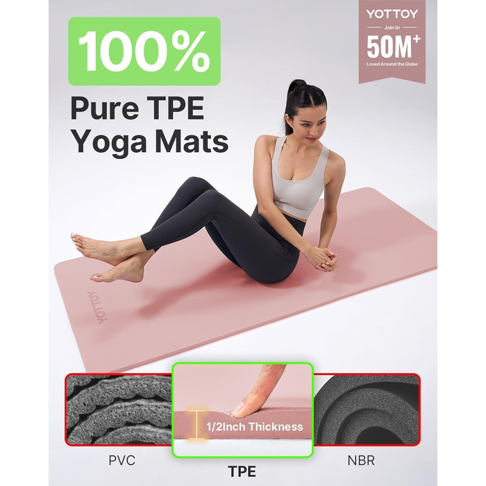 Йога мат YOTTOY, професійна товста килимок для йоги (183 x 1,27 см), TPE, неслизький, для йоги, пілатесу, фітнесу, з ремінком (рожевий)