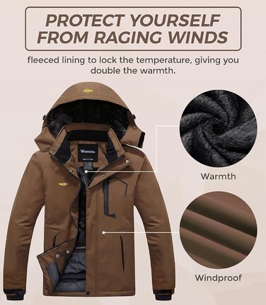 Чоловіча гірськолижна куртка Wantdo з флісовою підкладкою, водонепроникна та дихаюча, з капюшоном, вітрозахисна. Куртка Outdoor, кави, L