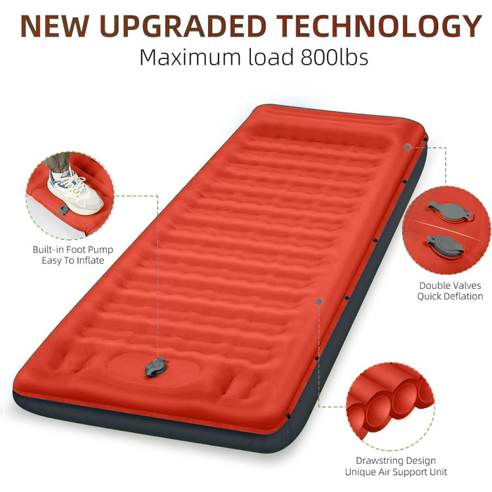 Надувний килимок для кемпінгу з інтегрованим насосом та подушкою, 12.7 см, компактний, для подорожей, туризму та відпочинку на природі (Оранжево-Чорний)