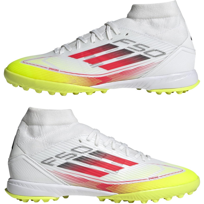 Жіночі футбольні бутси adidas F50 League Mid для гри на траві, розмір 38 2/3 EU, кольори: Cloud White, Lucid Red, Solar Yellow