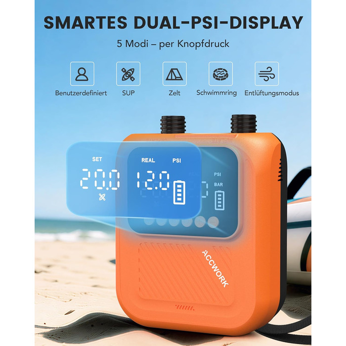 Аккумуляторний електричний насос для SUP дошки Accwork 20 PSI з адаптерами (каяк, надувний матрац)