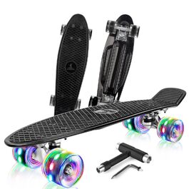 Скейтборд BELEEV 22 дюйми Mini Cruiser з LED колесами та T-інструментом для початківців (Чорний)