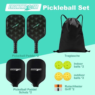 Набір для піклболу Ergonomicstar: фібергласові ракетки, 4 м'ячі, сумка, захист, легкі ракетки для початківців, для гри в приміщенні та на вулиці, чорний