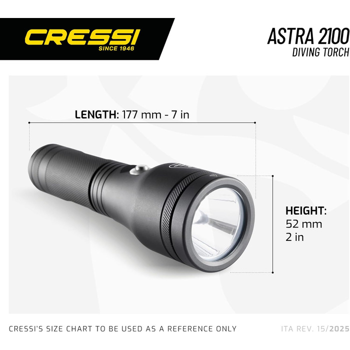 Ліхтар Cressi Astra Black - потужний LED-ліхтар для підводного плавання, риболовлі та досліджень, 2100 люмен, водонепроникний IPX8, 100м, унісекс, чорний