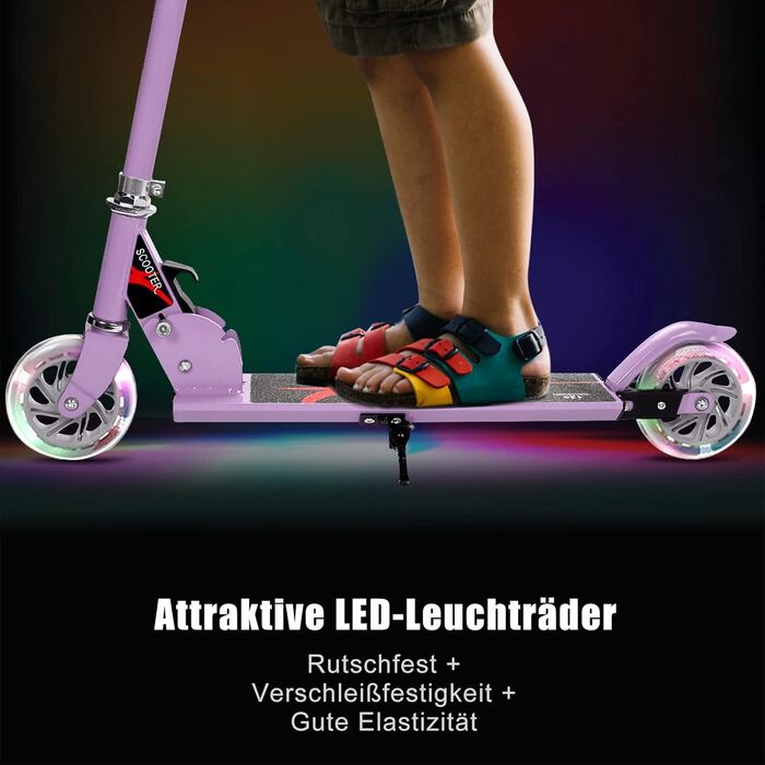 Дитячий ролер COSTWAY з LED-колесами, регульована висота, для дітей від 4 років, до 70 кг, ролер-каталка для хлопчиків та дівчаток (фіолетовий)