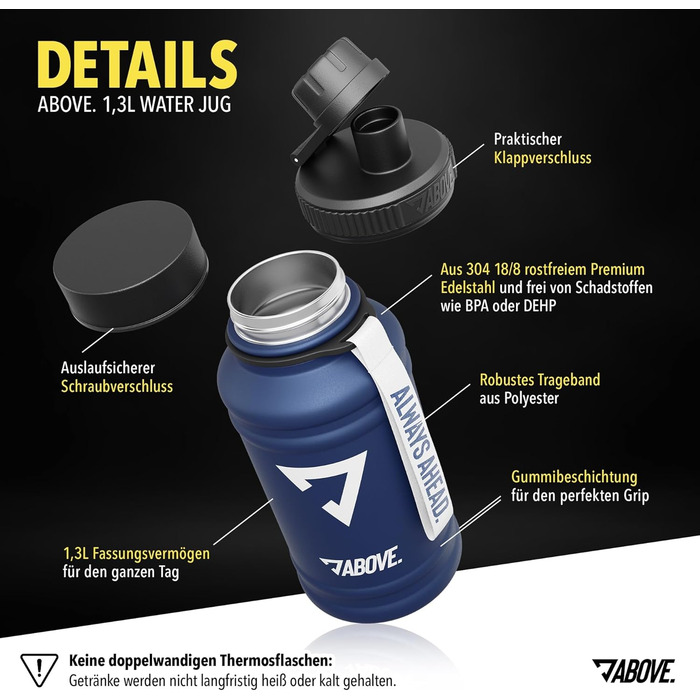 Пляшка для води з нержавіючої сталі 1.3 л або 2.2 л ABOVE, BPA-free, герметична, міцна, спортивна металева фляга для фітнесу та активного відпочинку, синьо-біла, не термос