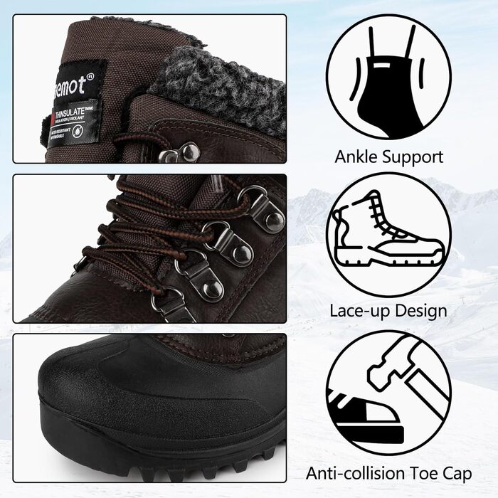 Водонепроникні зимові черевики Riehmot для жінок та чоловіків. Теплі, з підкладкою, антиковзні, для ходьби, трекінгу, роботи та катання на лижах. Розміри EU 36-47 (Новий, коричневий, 45 EU)