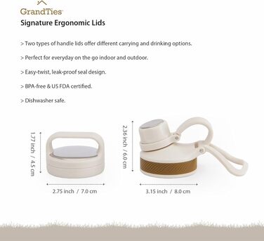 Термобутилька GrandTies зі сталею та 2 кришками, вакуумна ізоляція, 709 мл, Ivory White