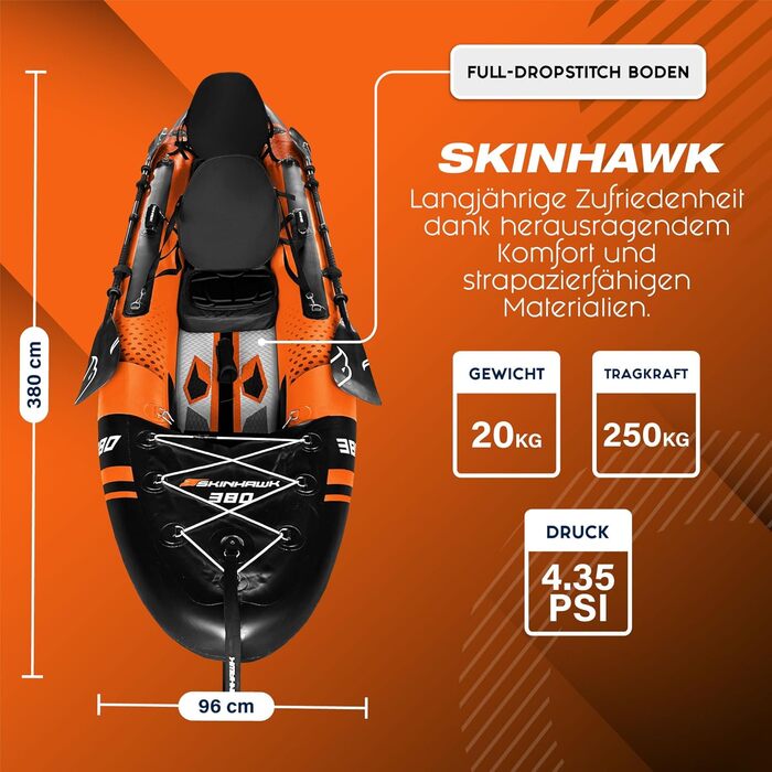 Надувний каяк SKINHAWK Exclusiv Orange 380x96 см для 2 осіб, комплект для сплаву, помаранчевий каное-шлюпка