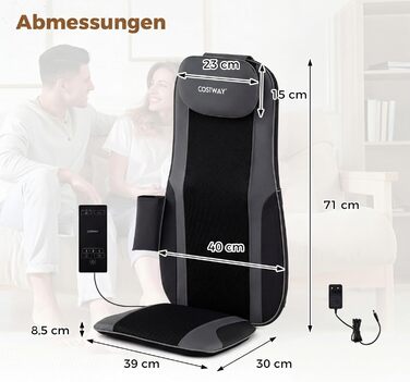 Масажна подушка Shiatsu COSTWAY з 4 роликовими вузлами та 2 вібраційними моторами, 3D масажна килимок, масажер спини з підігрівом для дому та офісу