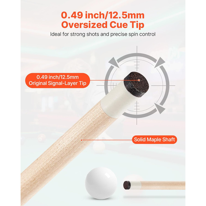 Кю (біліардна палиця) VEVOR, 147.3 см, з багатошаровим наконечником, ABS-з'єднувальний кільце, для професійного більярду, бару, дому, офісу (канадський клен, 4-секційна)