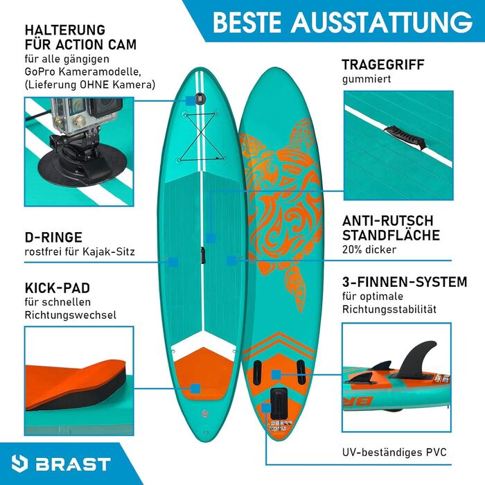 Надувний SUP Board BRAST Turtle | Комплект для станд-ап паддлбордингу | 320x81x15 см | 4 дизайни | 5 років гарантії | з аксесуарами | 2в1: SUP Board та каяк | з кріпленням для Action-Cam, петлею для ніг, рюкзаком | Колір: Туркіс