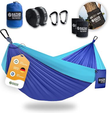 Гамак NATURBUMMLER® Outdoor з захистом дерев [Tree Protec+] – 300x170 см для 1-2 осіб – ультралегкий та стійкий до погодних умов – двошаровий гамак для кемпінгу, саду та відпочинку на природі (Натуральний зелений, Морська блакить)