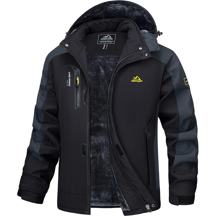 MAGCOMSEN Куртка зимова чоловіча тепла з підкладкою, водонепроникна, для катання на сноуборді та лижах, туристична, робоча знімною капюшоном (Чорно-сірий, XL)