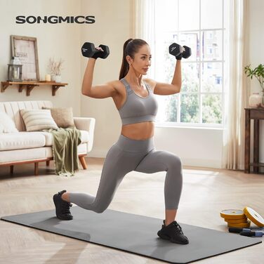 Гантелі SONGMICS набір 2 x 5 кг, з підставкою, 2 x 1 кг, 2 x 2 кг, 2 x 3 кг, для силових тренувань вдома, в офісі чи спортзалі, чорні, лаймові, бірюзові, світло-сірі