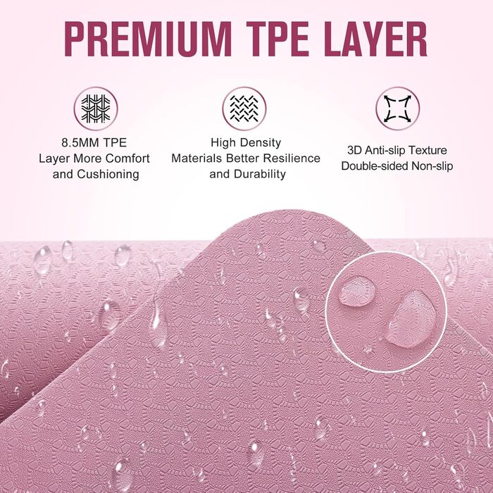 Килимок для йоги Marjar з неслизьким покриттям, фітнес-килимок для занять спортом, 183 x 61 x 0.6-1 см, рожевий