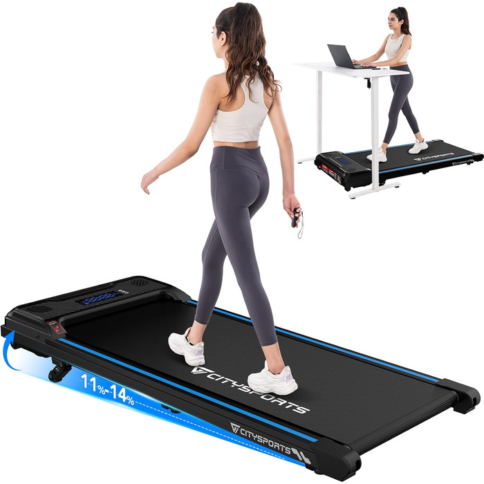 CITYSPORTS Біговий тренажер з регулюванням нахилу, Walking Pad з LED-дисплеєм та світловим ефектом, 1-6 км/год, для дому та офісу, з пультом керування (Blue)