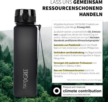 Спортивна пляшка для води 1л 720°DGREE 'uberBottle' з контейнером для фруктів - Tritan, BPA-Free, Softtouch, для спорту, фітнесу, велосипеду, універу, активного відпочинку. Чорний колір, 1000 мл