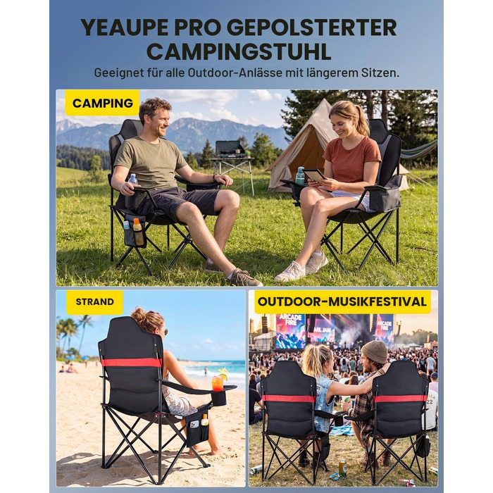 Складане кемпінгове крісло YEAUPE PRO XL, посилене, комфортне з м'якою підкладкою, витримує до 150 кг
