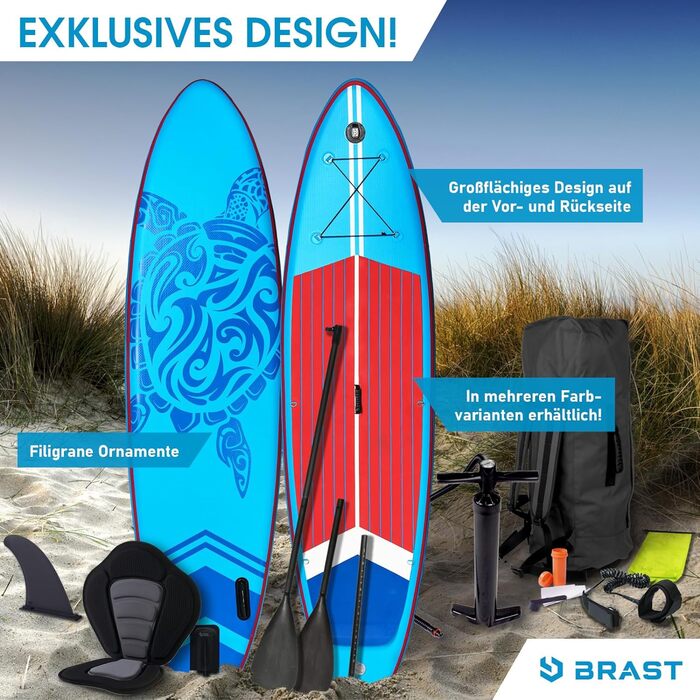 Надувна SUP-дошка BRAST SUPER Set 320x81x15 см з аксесуарами (помпа, весло, рюкзак, ремінь), гарантія 5 років, синій, зелений, червоний, бірюзовий