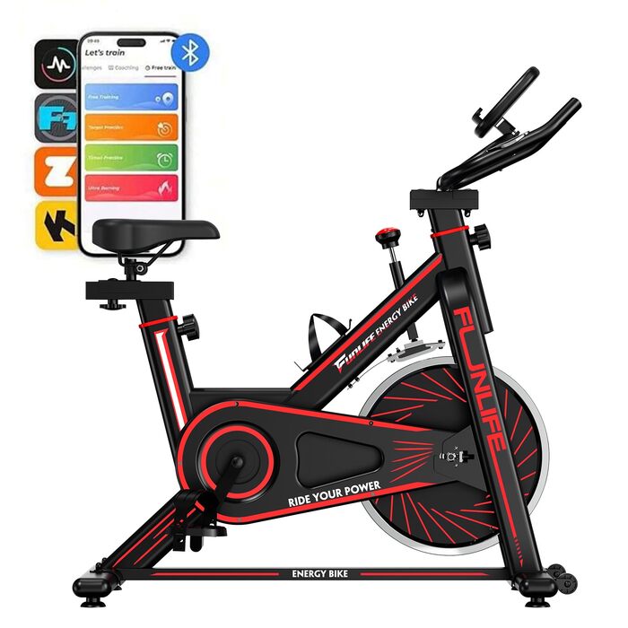 Велотренажер FunLife C1 з Bluetooth та App (FitShow & Kinomap), ремінний привід, плавний регулятор навантаження, регульоване сідло та кермо, до 120 кг (Червоний)