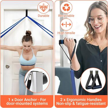 Набір еластичних стрічок для фітнесу з 4 рівнями опору, дверний анкер, 2 ручки та сумка для зберігання - для підтягувань, йоги, розтяжки, силових тренувань та покращення мобільності (з інструкцією)