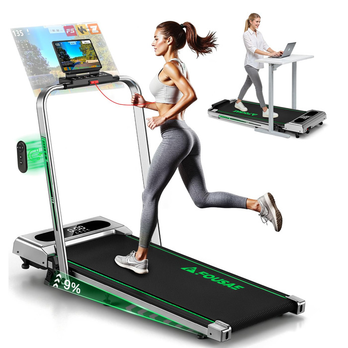 Біговий тренажер для дому 5-в-1, Klappbar Laufband, 12 км/год, 9% нахил, 2.75HP безщітковий мотор, LED-дисплей, сумісність з додатком, 12 програм, подвійна функція (срібно-зелений)