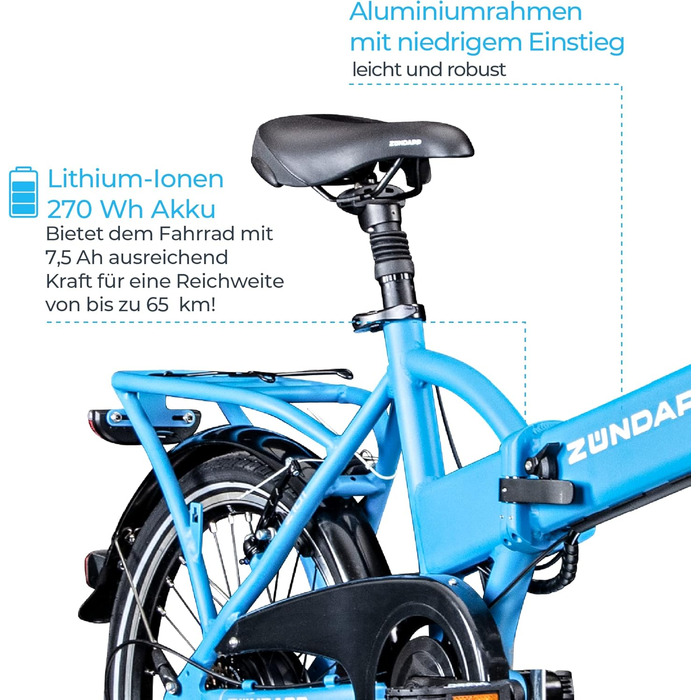 Електровелосипед ZÜNDAPP Z101, складаний, 20 дюймів, 6 швидкостей, для дорослих, з підсвіткою, міський, синій