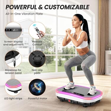 Вібраційна платформа для схуднення з еластичними гумками, 9 режимів, 120 рівнів інтенсивності, Bluetooth, LED-дисплей, місткість 150 кг, білий