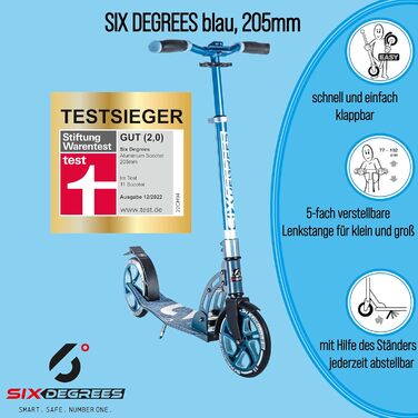Самокат Six Degrees алюмінієвий, складаний, з підніжкою, колеса 205 мм, ABEC 7, регульована висота, сертифікат GS, переможець тестів