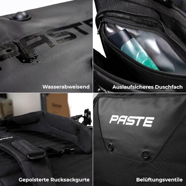 PASTE® Преміальна спортивна сумка-рюкзак 63 л з відділенням для взуття, вологим відсіком, термофункцією, чорна – велика дорожня та тренувальна сумка для футболу, фітнесу, жінок і чоловіків