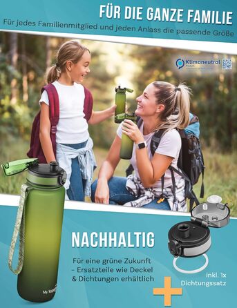 Дитяча пляшка для води Minny з іменем, 1000 мл, зелений градієнт, BPA free, з трубочкою або ситечком, для школи, садка, спорту
