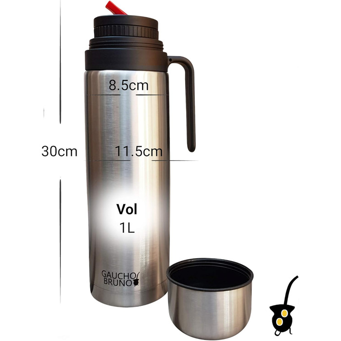 Термос Gaucho Bruno Yerba Mate, 1 л, з ручкою і точним носиком, нержавіюча сталь, для гарячих і холодних напоїв