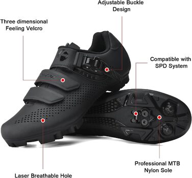 Чоловічі та жіночі велотуфлі для гірського велосипеда (MTB) з сумісними підошвами SPD, зелені (45 EU, чорні з 4 чорними клітами)