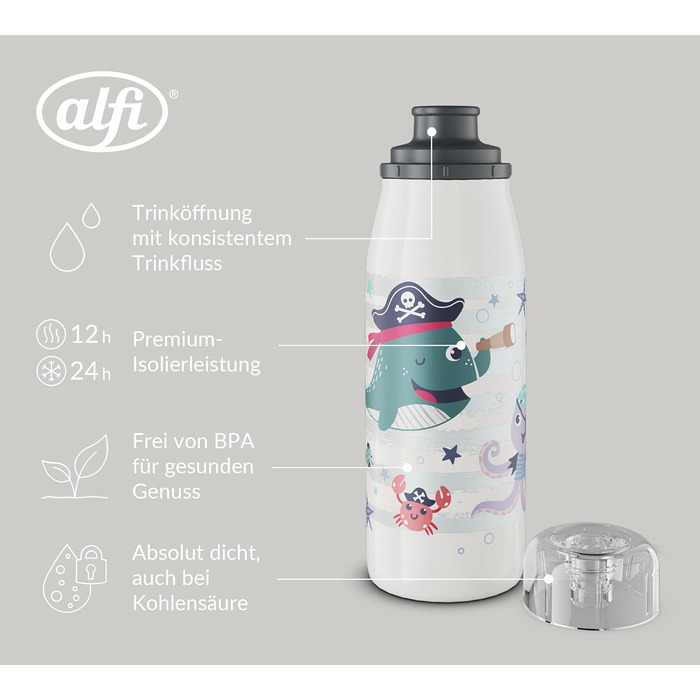 Дитяча ізотермічна пляшка alfi KIDS ISO 350 мл, пірати, нержавіюча сталь, термос для напоїв, герметична кришка, тримає тепло 12 годин, холод 24 години, для газованої води, BPA-free