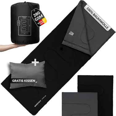 Спальний мішок туристичний, 100% бавовна, до -3°C з подушкою. Підходить для жінок та чоловіків. Розмір 75x190 см, 3-4 сезони, теплий, чорний.