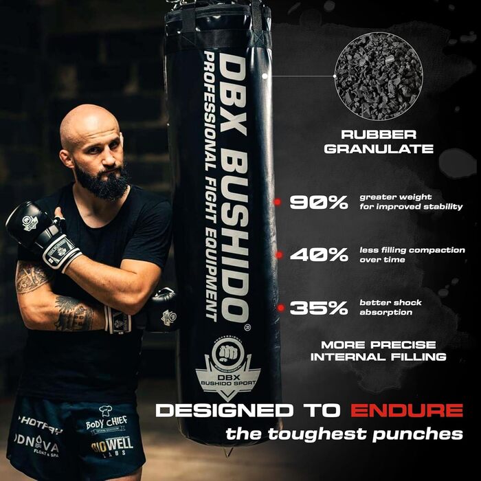 Боксерський мішок DBX BUSHIDO SPORT 130 см, 60 кг, наповнений гумовою крихтою, чорний — для боксу, кікбоксингу та тренувань