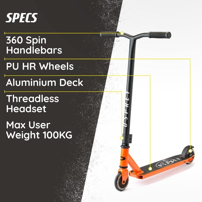 Самокат трюковий Osprey Stunt Pro 360° для дітей та дорослих, з підшипниками ABEC 5, помаранчевий