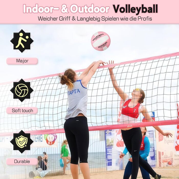 Волейбольний м'яч Aipwerer: для тренувань, пляжу, залу. Водостійкий, Soft Touch, рожевий. У комплекті насос та сумка