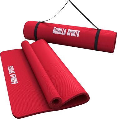 Килимок для йоги та фітнесу GORILLA SPORTS, 190x100x1,5 см, червоний, нековзкий, без фталатів, з ременем для перенесення