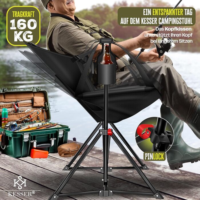 Крісло для кемпінгу KESSER® розкладне, гойдалка, до 160 кг | Рибальське крісло, з підсвічуванням та тримачем для напоїв | З м'яким сидінням та високою спинкою | Розслаблююче крісло для пляжу, хакі (чорний / чорний)