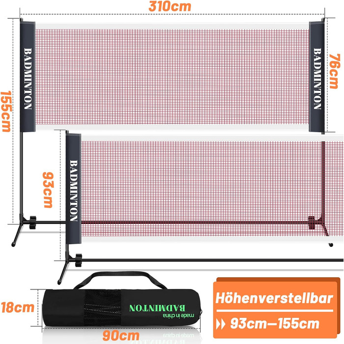 Сітка для бадмінтону та тенісу | Регульована висота | 310/410/510 см | Стабільна конструкція з сумкою для перенесення | Для саду, залу, вулиці
