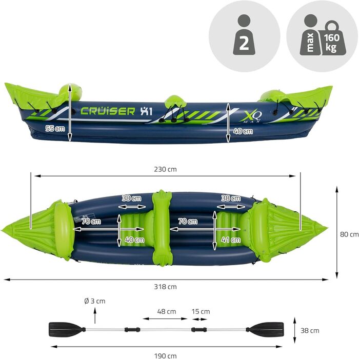 Надувний каяк ECD Germany Cruiser X1 для 2 осіб, човен для риболовлі та відпочинку, універсальний надувний байдарка-каное, різні моделі