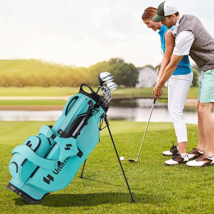 COSTWAY Гольф сумка на візку, сумка для гольфу з 8 відділеннями та водонепроникним чохлом, легка гольф сумка з 5 кишенями та підставкою, футляр для олівців портативна для чоловіків, жінок (Турквіс)