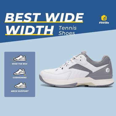 Тенісні кросівки FitVille для чоловіків (широкі) - білі/сірі. Дыхаючі кросівки для тенісу, бадмінтону, залу, фітнесу. 46 EU (широкі)