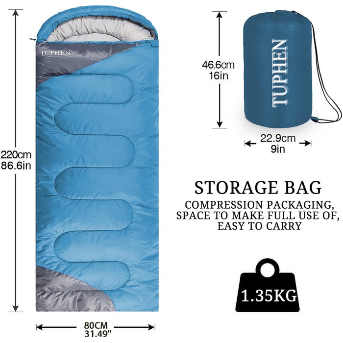 Спальний мішок 3-4 сезони для дорослих та дітей, 86.61''x31.49'', водонепроникний, для кемпінгу та подорожей, блакитно-сірий