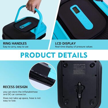 Електричний насос FunWater для SUP, надувних човнів, басейнів та наметів. 20 PSI, 12V DC, 6 насадок, блакитний