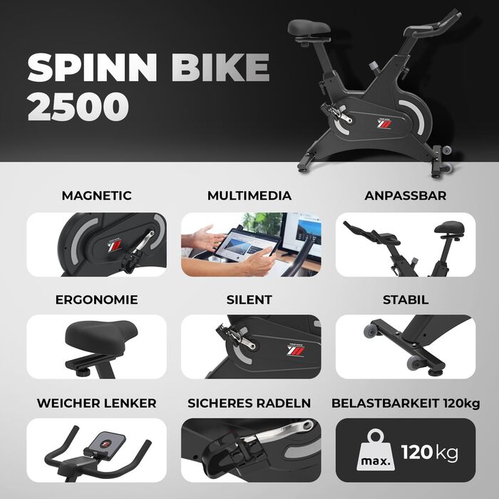 Велотренажер магнітний YM Spinn Bike 2500, 16 кг маховик, регульоване сидіння і кермо, тримач для смартфона і планшета, сумісний з додатками Kinomap, Zwift, Bitgym, Fithome, для дому